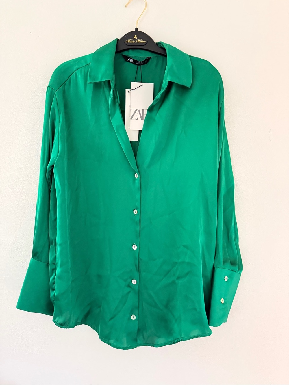 Zara Emerald Green Satin Button-Down Shirt